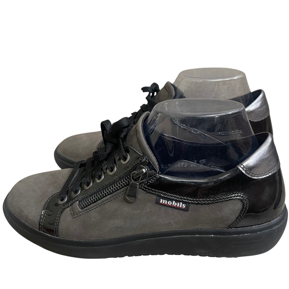 Mephisto Mobils Air-Relax Grey Black Patent Leather Zipper Sneakers Womens 8 USA